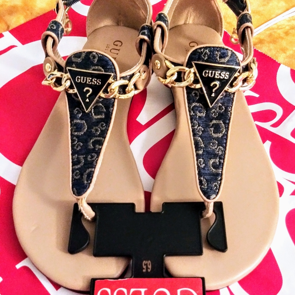 GUESS Siara Logo Print Denim & Gold Sandals